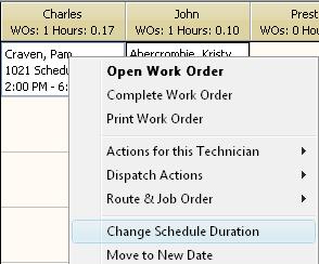 You can manually change the hours scheduled for a technician on any job by clicking on the job from the Dispatch Board and right-clicking and selecting the Change Schedule Duration option.