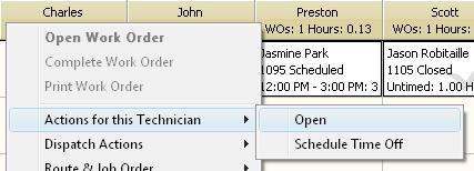 Managing Technicians: From the Dispatch Board you can open a technician or sub-contractor record and schedule time off for a technician.