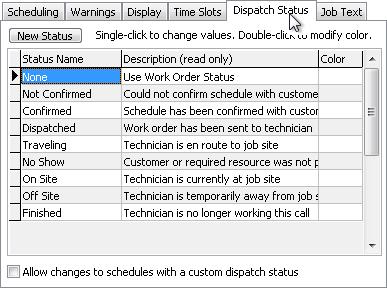 A Dispatch Status can be used to track if a technician is traveling to a job site, on a job site, leaving a job site, etc.