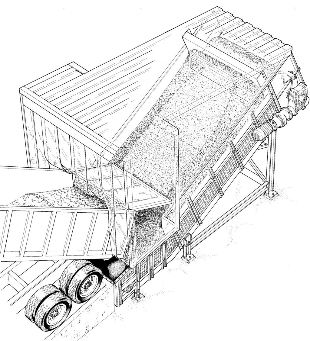 Illustrated above a conventional underground truck tipping hopper with deep pit and feeder discharging to an inclined belt