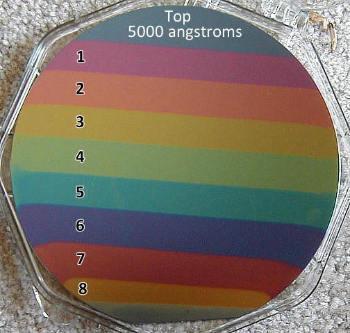 This Rainbow Wafer was created by lowering the wafer into BOE one stripe at a time. Each interval was held (by an operator) for 1 minute, then lowered to the next level.