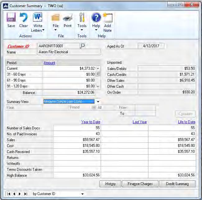 If the Year End routine was run after you have posted transactions to the new year, you can manually edit the information in the Amounts Since Last Close view in the Customer Summary window and in