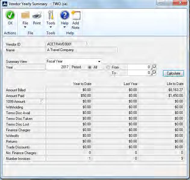 The fiscal year details: The fiscal year end process in Microsoft Dynamics GP will clear the following fields: Amount Billed YTD Amount Paid YTD Average Days To Pay Year Discount Available YTD