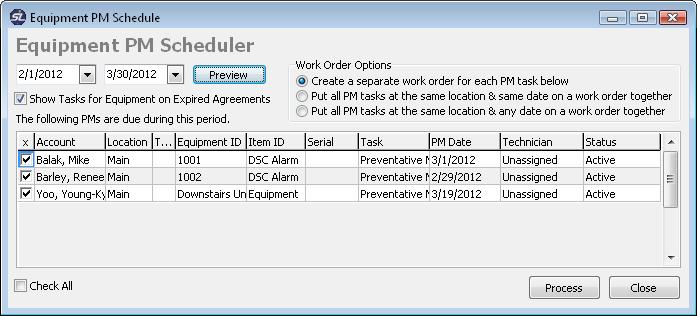 Using the PM Scheduler: The PM Scheduler allows you to quickly identify what equipment is due for a specific time period and process work orders to create jobs for the equipment preventative
