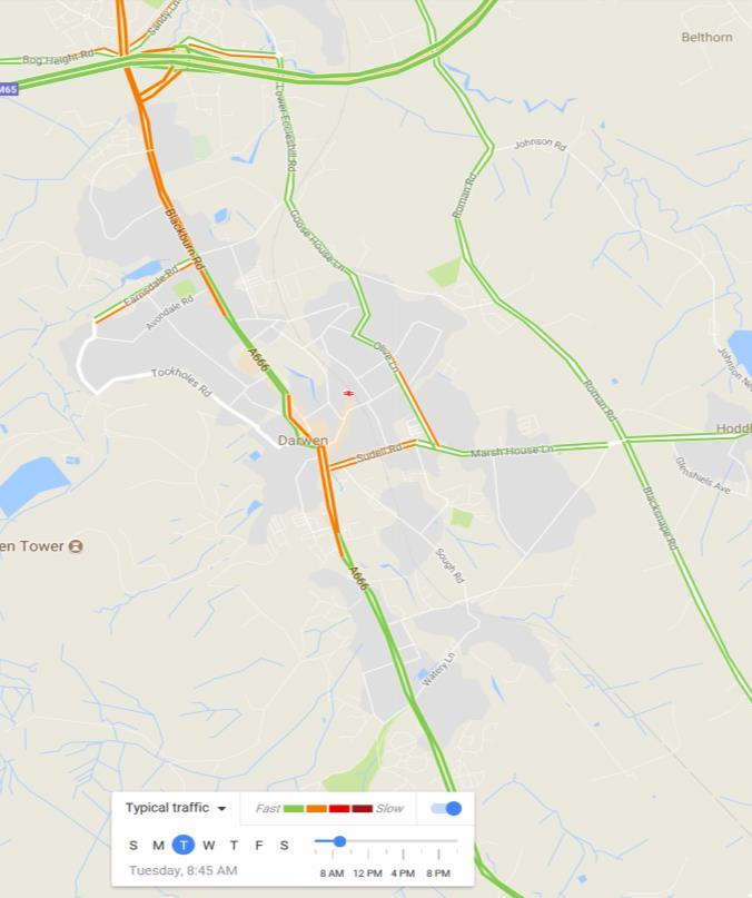 AM Peak 08:45 Typical Traffic Conditions in Darwen Source: Google
