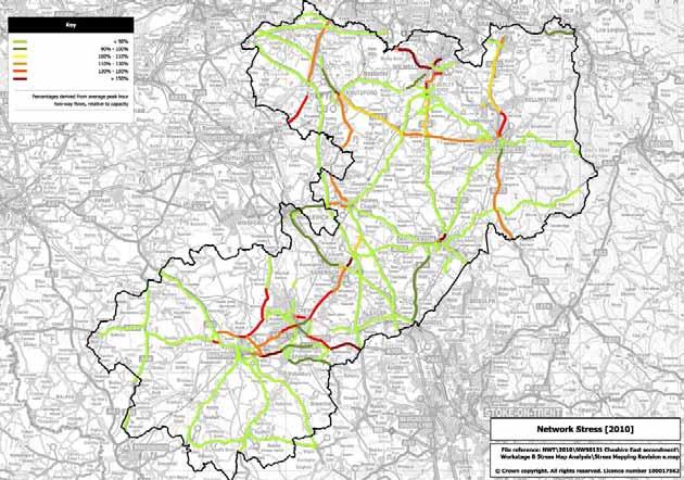 3 Create Conditions for Business Growth 2010 Highway Network Stress in Cheshire East 3.78 Evidence shows that that the most congested parts of the road network are in the town centres.