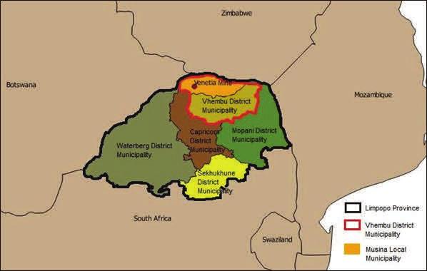 PROJECT DESCRIPTION Project Locality Venetia Mine is situated on the farm Venetia 103MS, Krone 104MS, Rugen 105MS, Drumsheugh 99MS, which lies approximately 80km west of Musina and 40km north east of
