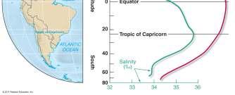 decreases with depth High latitudes salinity increases