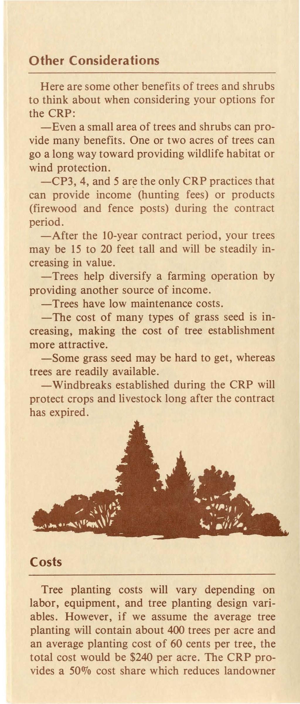 Other Considerations Here are some other benefits of trees and shrubs to think about when considering your options for the CRP: -Even a small area of trees and shrubs can provide many benefits.
