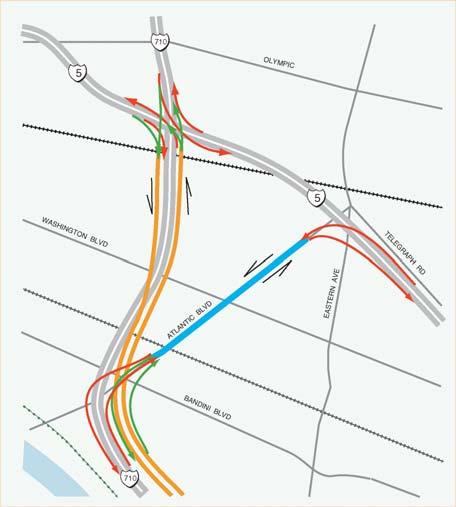 I-5/I-710 Interchange: Alternative D with right side ramps and missing movements I-5/I-710 Interchange: Alternative E with right side ramps and Atlantic Boulevard Viaduct Alternative D proposes