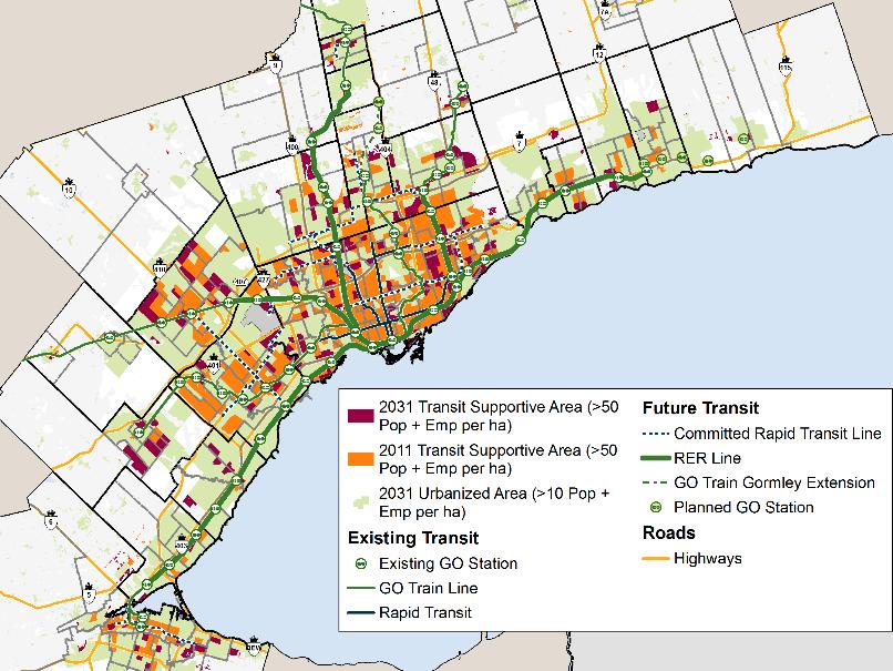 Figure 8: Existing and Future Transit Supportive Areas, GTHA (2011 and 2031) People-Centred Transit Offering a more integrated and intuitive transit experience.