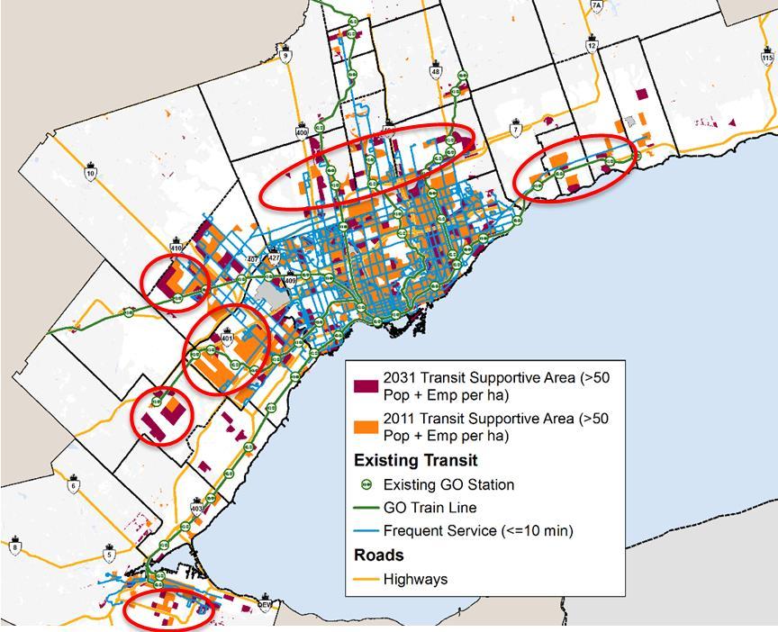 Figure 9: Areas of Opportunity to Expand Frequent Transit Service Anchored by GO RER Preserving and improving connectivity to key destinations.