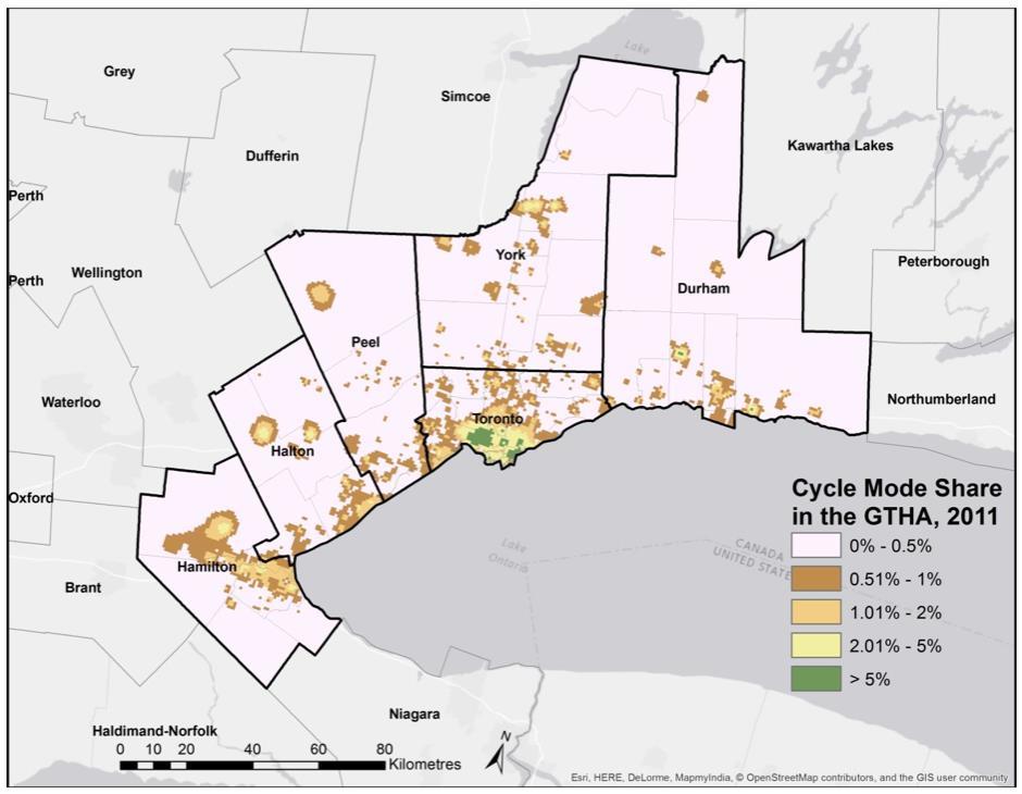 Figure 12: Geographic Distribution of Cycling Mode Shares, GTHA (2011) Improving active transportation plans. There are many reasons for low rates of cycling to work.