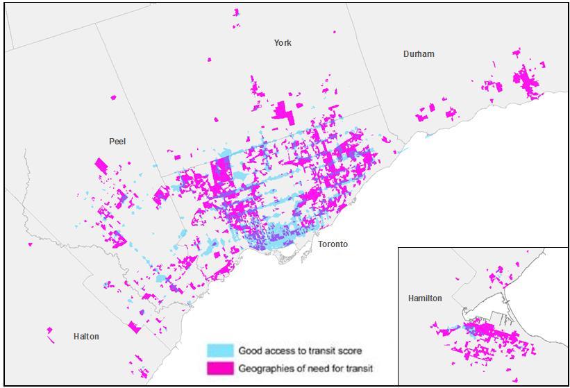 Figure 39: Geographies of Need and Good Access to Transit in the GTHA Precarious work.