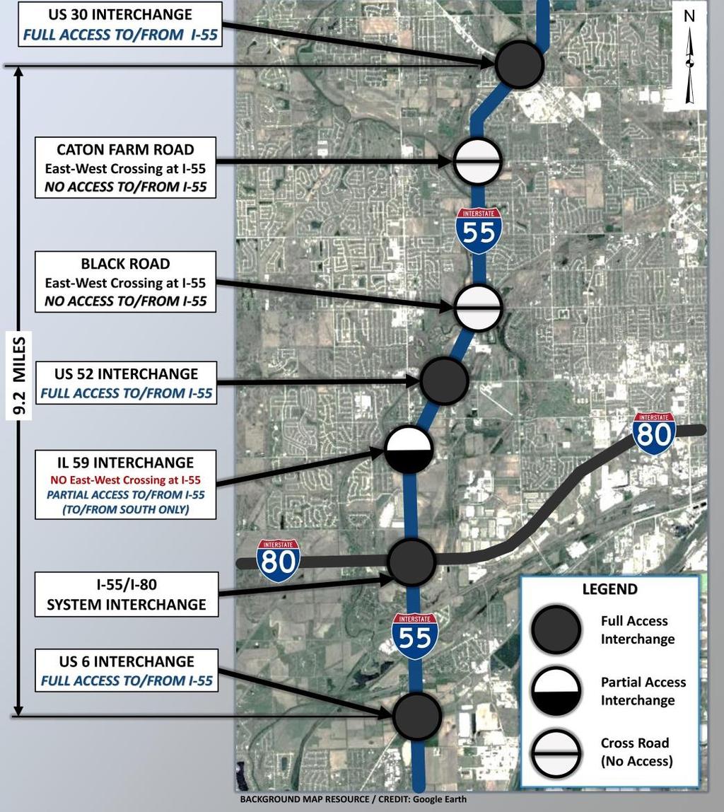 FOCUS OF PROJECT STUDY DRAFT PROJECT PURPOSE & NEED System Linkage: Limited number of roads cross I-55