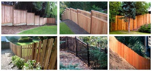 Fences on sloped ground may be installed on an incline, or may be installed in stepped sections, with or without an accompanying retaining wall; however, inclined fences and stepped fences and/or