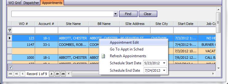 menu as shown. Click Open to open the Appointment Editor. You can also edit appointments in similar fashion from the Appointment Grid.