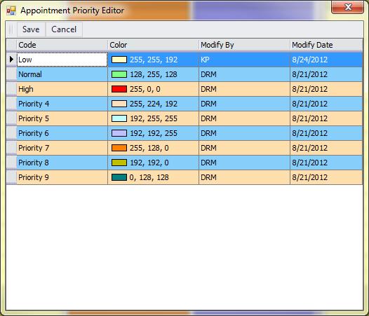 Appointment Priority Editor The Appointment Priority Editor allows you to change the Code and Appointment Edge Color displayed on the calendar for the nine Priority codes.