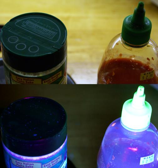these grocery products appears nearly the same in room light, but examination under UV light reveals