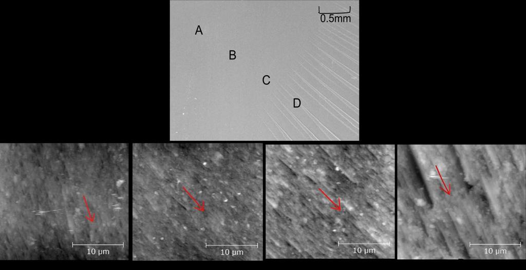 Figure 6-5. AFM images at different areas of the mixed-mode fracture surface. A)Mirror region. B) Mirror region.