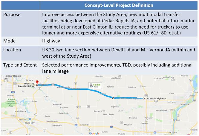 Figure 3-5: US 30 Concept-Level Project Definition The primary transportation effects of the project are summarized in Figure 3-6, and include: Distance.