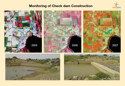 Below: Satellite images show a silted tank without water in 2003, during the desilting process in 2006, and the desilted tank with water after treatment was complete in 2007 GIS technology also