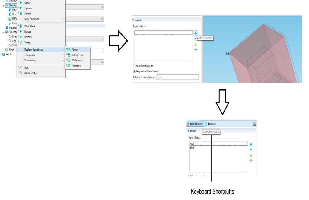 Chapter4. COMSOL Program Figure (4.15) : The step of union object window 4.6.5.1 Input Select the geometry object that you want to unite in the Graphics window.