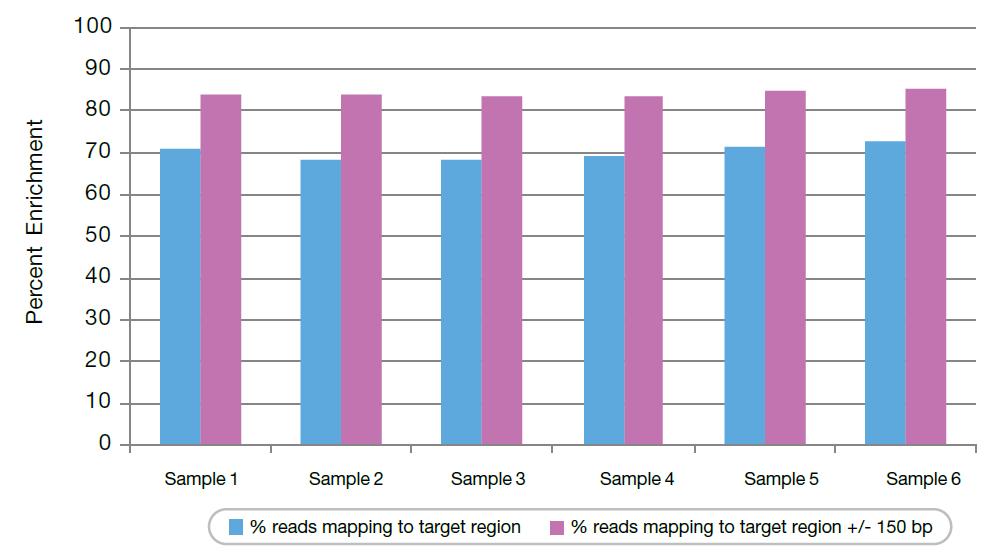 High On-Target Enrichment >80% enrichment rates for 6-plex sample pooling Shown are the percentage of reads mapping