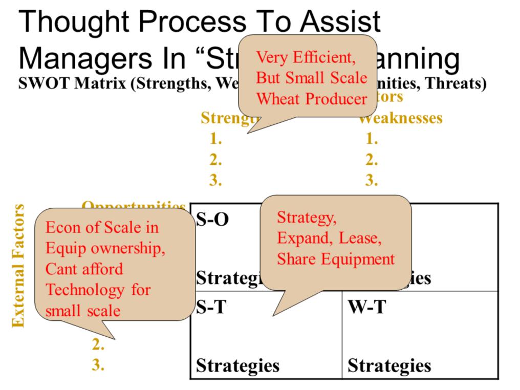 In this example, they can think about strategies such as : 1. expanding their acreage to the point that they can justify purchasing modern equipment; 2.