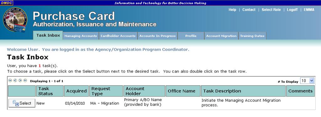 The Managing Account Migration Initiation screen is displayed. Appendix B contains detailed views of individual screens. Click here for an expanded view of the screen.