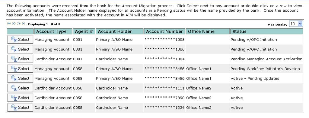 The bottom of the screen displays the accounts that have been received from the bank for account migration as well as the status of the accounts.