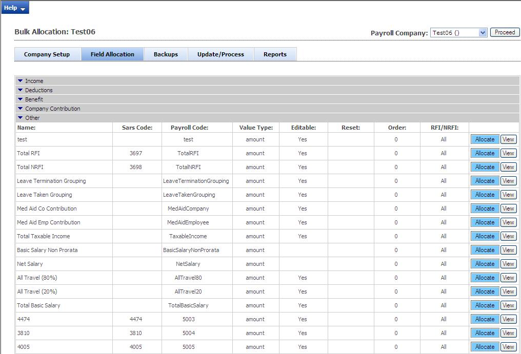 Other: Example of Field Allocation: To bulk allocate the basic salary to all employees, go to