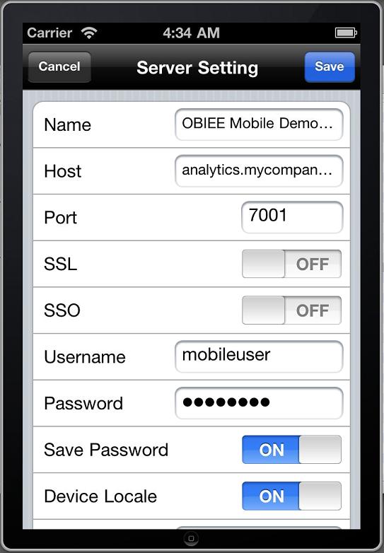 Starting Oracle Business Intelligence Mobile Figure 2 1 Server Setting Screen on an iphone Note: Apple s ios does not support self-signed certificates by default; the Oracle BI Mobile application