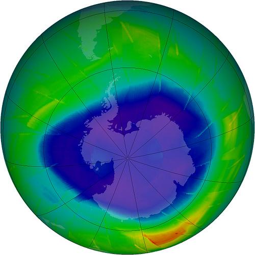 Ozone Ozone depletion is an example of air pollution. Ozone (O 3 ) is a gas that absorbs harmful ultraviolet (UV) light. A hole was first noticed in 1984 over Antarctica.