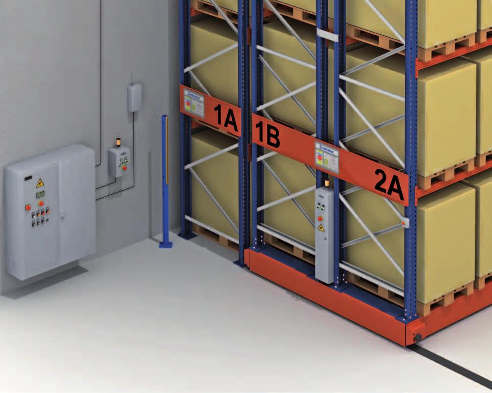 Interior Safety Barrier On either side of the bases are longitudinal optic safety barriers which cover the entire front of the mobile shelving unit.