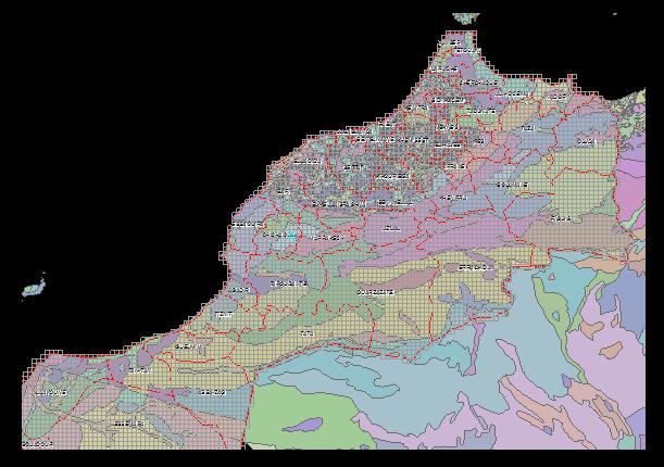 soil map (coloured polygons) and the CGMS grid (grey rectangular boxes). Labels are province names. 2.