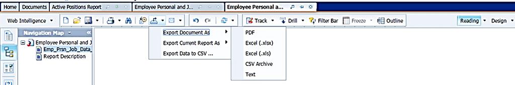 Generate an HR Manager Report, cont. Step 6 Saving a report Use the Export Document dropdown list to save the report to your computer. Do not use the save icon.