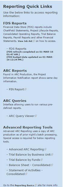 The Reporting Quick Links section provides access to real-time and data store financial reports.