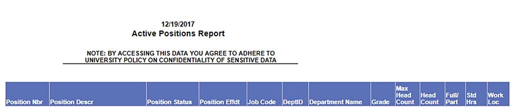 Active Positions Report Report Description This report displays all active University positions that are vacant or filled in administrative departments whose data you have access to view.