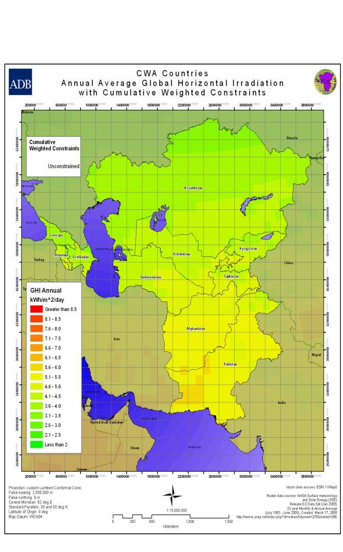 Central and West Asia Solar PV Resources Monthly variation of Theoretical Global Horizontal Irradiation in the Region (solar photovoltaic potential) Average Annual Global Horizontal Irradiation In