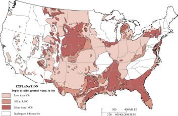 Saline aquifers in the continental U.S. The shading refers to the depth to the aquifer.