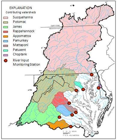 Trends in Nutrient Loads from Long-Term Monitoring Sites in Chesapeake Bay 9 major rivers monitored for inputs to the Bay About 82%
