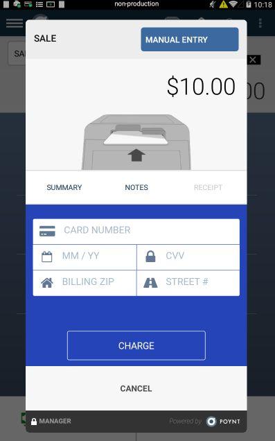Manual Entry - Terminal App Option Merchants can also process Manual Entry transactions directly from the Terminal App. 1. Open the Terminal app and type in the exact amount of the sale 2.