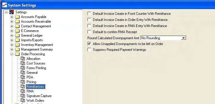 System Settings Round Calculated Downpayment Amt Allow Unapplied