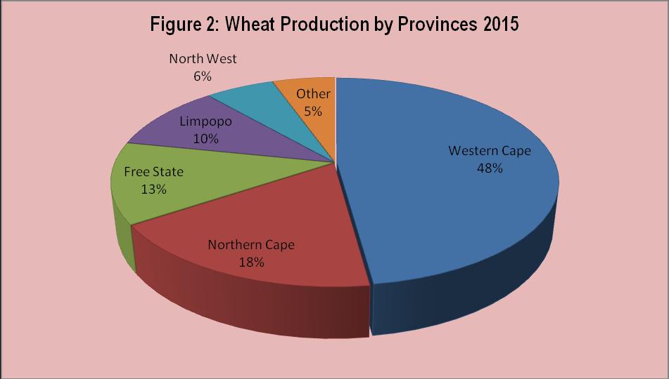 respectively, towards the country s total wheat production while Limpopo, Northwest Gauteng, Eastern Cape, Mpumalanga and KwaZulu-Natal shared the remaining 21%.