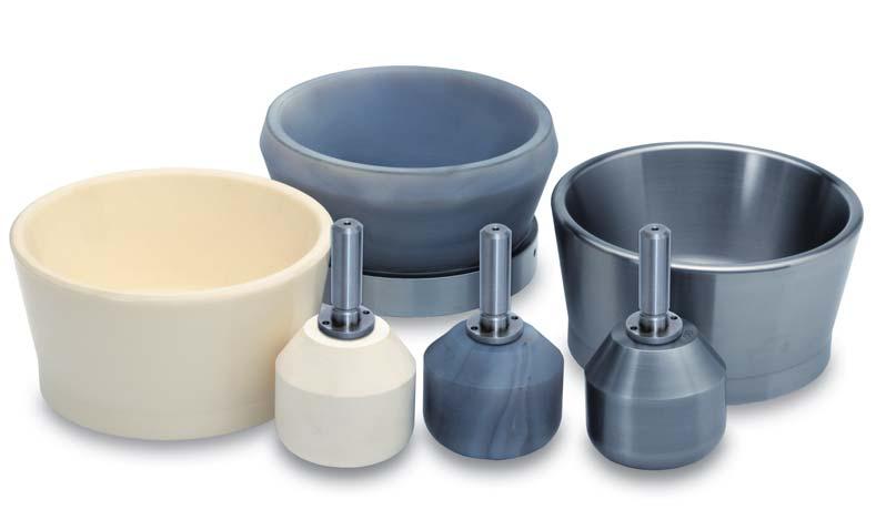 Selection of grinding sets Mortar and pestle made of 7 different materials The choice of the suitable grinding set material depends primarily on the hardness of the sample and the possible effects of