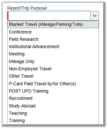 Step 9: For Report/Trip Purpose dropdown, select the appropriate option that best suits the purpose of your trip.