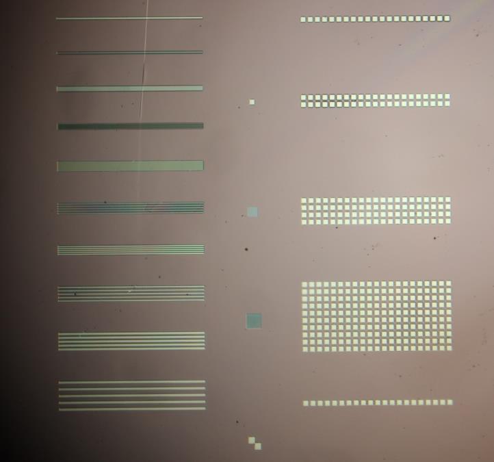 Contact-Aligner Photolithography Results Utilizing the 3M test mask and S1813 resist, the following microscope pictures