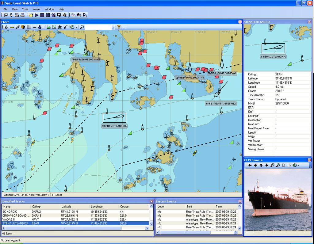 Operator Workstation The vessel traffic situation is presented on an electronic chart display that is capable of displaying: Custom chart objects (areas, lines, points) Routes CCTV video Chart