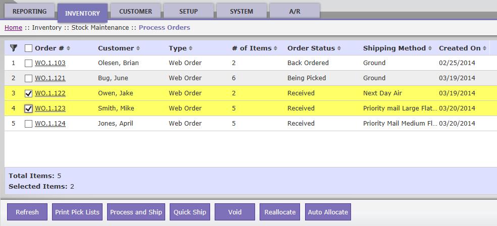Process Orders The main Process Orders page shows all open orders